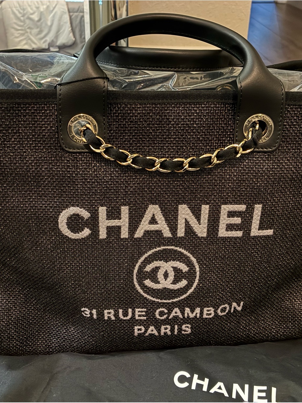 NWT Chanel Large Deauville Shopping Tote Bag Black Mixed Fibers Gold HW